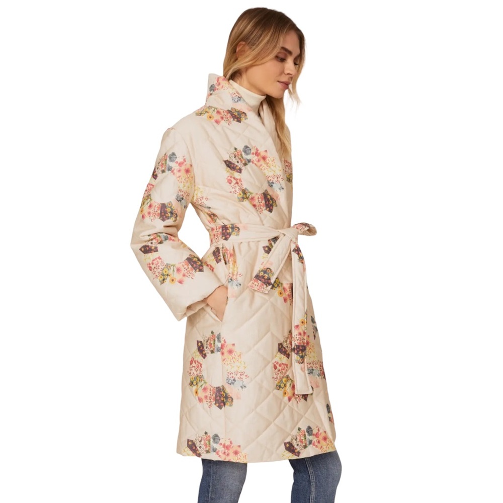 Samantha Sipos Quilted Sunburst Coat Long Trench Robe Shawl Neck Women’s Medium - Picture 1 of 13